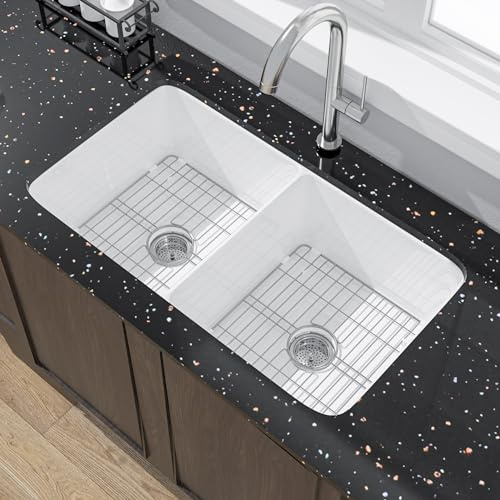 Miuara White Undermount Kitchen Sink 32 Inch Double Bowl 50/50 - Topmount Fireclay Drop In Sink 32x19x10, Dual Mount, Heavy Duty Dual Basin, with 4 Custom Accessories, Glossy White, for Kitchen