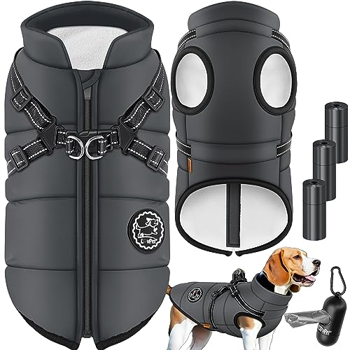 LOVPET® Hundejacke Hundemantel mit Geschirr, inkl. 45 Stück Kotbeutel + Spender, Hunde Winterweste gefüttert wasserdicht, Gepolsterte Weste Mit Brustgurt, Reflektoren, D-Ring 2XL, Anthrazit
