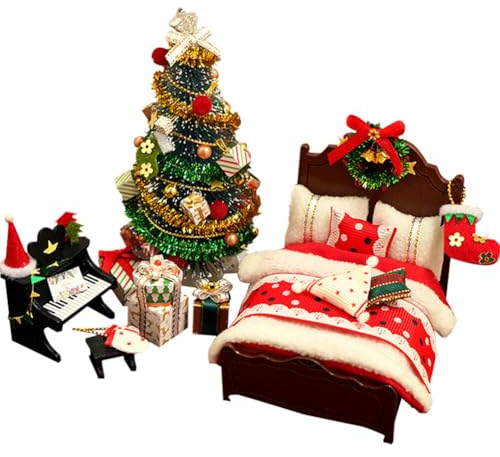 Dänische Mini Wooden Wichtel Zubehör Weihnachtsdeko,Miniatur Puppenhaus Zubehör Weihnachten,DIY Weihnachtsmöbel Bett Weihnachtsbaum Klavier Miniatur Weihnachten Set Weihnachtsdekoration für Geschenke