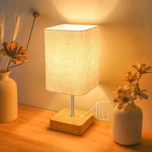Jayencer Touch Control Table Lamp, Dimmable Touch Control Nightstand Lamp, Bedside Touch Lamp with Wood-Grain Base ＆ Beige Fabric Shade for Bedroom, Living Room, Children's room, Bulb Included