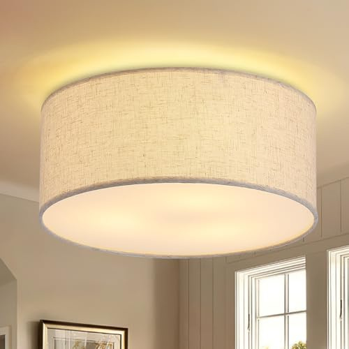12.6 Modern Close to Ceiling Light with Linen Fabric Drum Shade,3-Light Semi Flush Mount Ceiling Light Fixture,Drum Light Fixtures Ceiling Mount for Kitchen, Bedroom, Bathroom, Living Room, Hallway