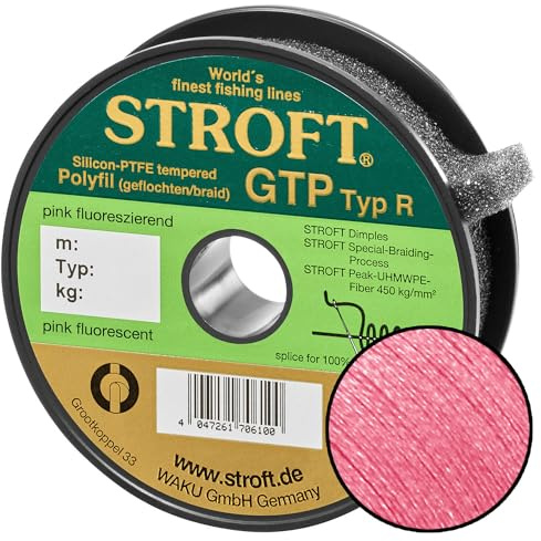 Schnur STROFT GTP Typ R geflochtene Angelschnur 200m pink fluor 8-fach PE Braid, hohe Tragkraft, extrem abriebfest, rund & fest geflochten, für Spinnfischen & Raubfisch wie Barsch, Zander & Hecht