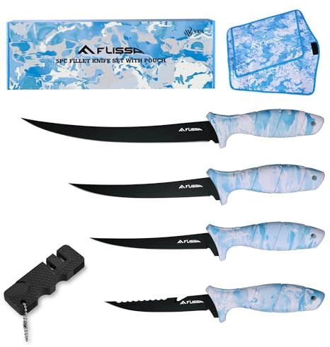 FLISSA Fillet Knife Set with 5/6/7/9 Fillet Knives, Sharpener, Protective Sheath, Portable Roll Bag, Gifts for Fishermen, Saltwater & Freshwater Use