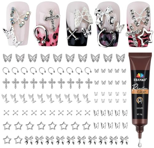 EBANKU 100PCS Breloques Argentées pour ongles, 3D Décoratives Y2K Styles Papillon Nœud Étoile Croix Nail Charm Set avec 15g Colle pour Strass pour Ongles, Bijoux Ongles Nail Art (10 Styles)