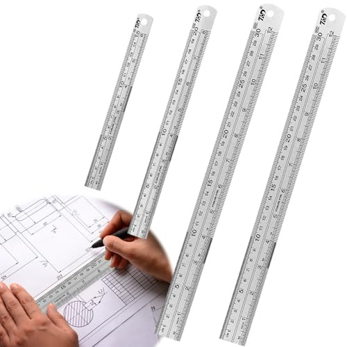 Xmart Lineal Metall 4 Stück Dicke Version Metalllineal Kantenmessgerät mit Doppelseitiger Skala 15 cm 20 cm 30 cmx2 Metall Lineal Geeignet für Zeicheningenieure im Studentenbüro