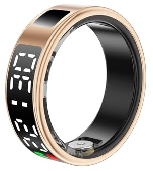 Smart Ring mit LED-Anzeige, Smart Ring Fitness-Tracker, IP68 Wasserdichter Fitness- und Schlaf-Tracker für Damen und Herren mit Ladehülle, APP für Android, Gold