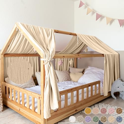 lilimaus Hausbett Himmel mit Gold Applikation [in 12 Farben] Betthimmel | Hausbett aus 100% Baumwolle Musselin - Stoffhimmel für Hausbett Deko Mädchen, Jungen - Himmel für Hausbett Kinderbett Vorhang