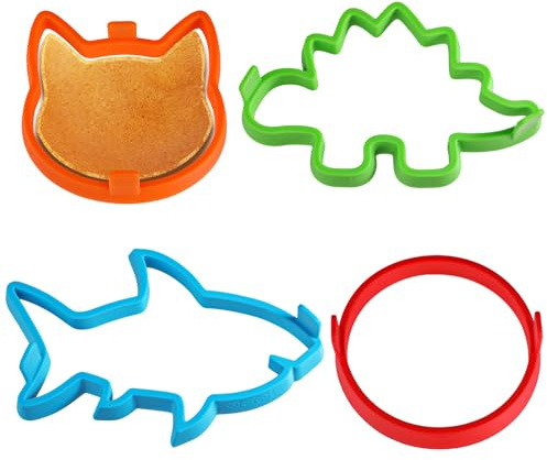 Kamehame Silikon-Pfannkuchenform, 4 Stück, Pfannkuchenringe, Eierring, Antihaft-Pfannkuchenformer, Pfannkuchenformen für Hai, rund, Katze, Dinosaurier-Form Pfannkuchen