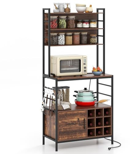 KOMFOTTEU Estantería de cocina con enchufe, Estantería de Panadería con Soporte para 9 Botellas de Vino y armario con puerta, Soporte para Microondas con 4 ganchos, 80 x 40 x 170 cm (Marrón)