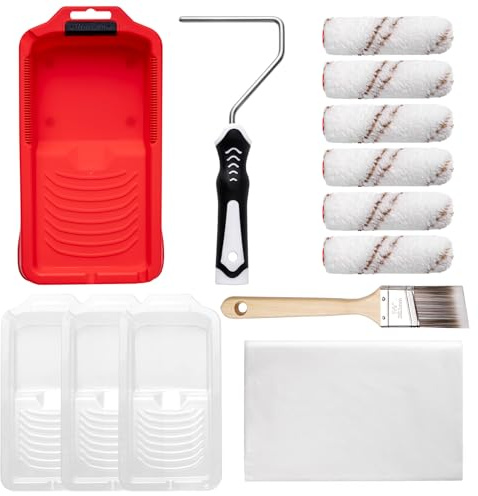 Mister Rui Mini Paint Roller Kit-13 Piece, 4-Inch Microfiber Paint Rollers with Ergonomic Handle, Small Roller Paint Brush, Paint Tray with 3 Liners, Perfect for House Painting, Trim, and Touch-Ups