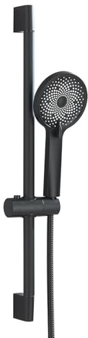 TVTIUO Barre de douche avec douchette, pommeau de douche rond (5 types de jets, tuyau de douche en acier inoxydable (150 cm), hauteur réglable noire, avec douchette