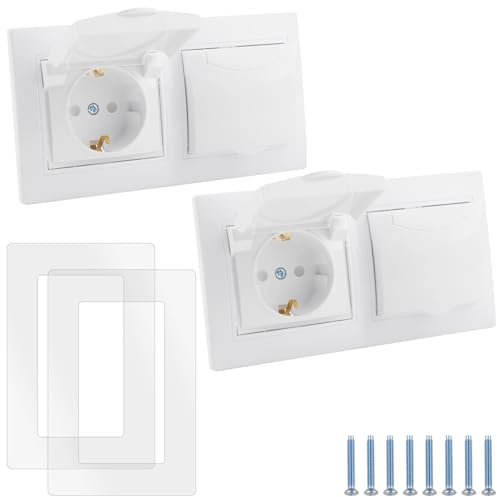BlueXP Kit de 2 Tomas de Empotrar 2 Piezas 16A 250V Doble Toma con Tapa Abatible, Color Blanco Para Interior y Exterior, Resistente Al Agua con Contacto de Tierra Para BañO, Cocina y SóTano