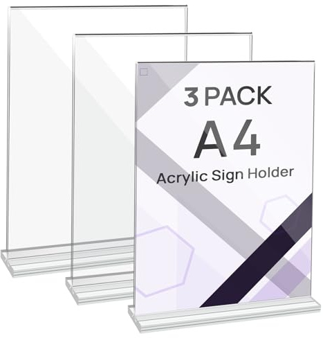 JEFURE A4 Acrylic Sign Holder, 3 Pack Clear Perspex Display Stands, T-shape Plastic Poster Stand, Double-sided Menu Holder for Home, Office, Store, Restaurant