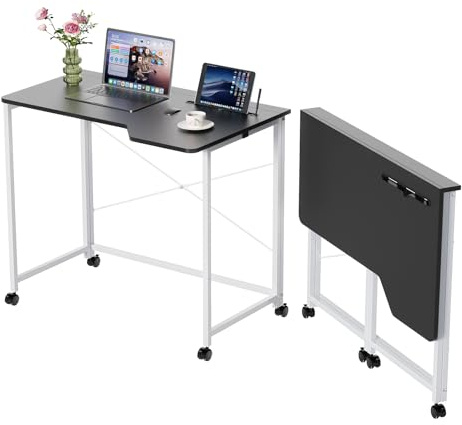 OXFENSEE Scrivania pieghevole con ruote, tavolo da computer pieghevole per computer con slot per tablet, scrivania per computer girevole a 360, tavolo da ufficio in legno (nero, 90 x 56 x 74 cm)
