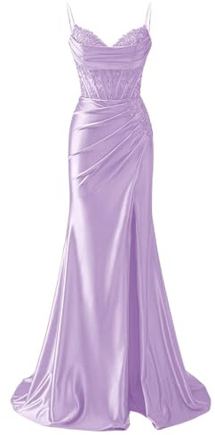 HPPEE Damen Satin Ballkleider mit Schlitz Spitzenapplikation V-Ausschnitt Spaghettiträger formelles Abendkleid, Flieder, 36