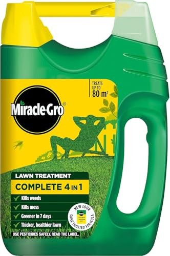 Miracle Gro Complete 4 in 1 Lawn Care 2.8kg Spreader | Kills Weeds & Moss | Greener Grass in 7 Days | Thicker Healthier Lawn Feed | NPK 14-0-5 Granular Fertilizer | 2.8kg Handheld Spreader
