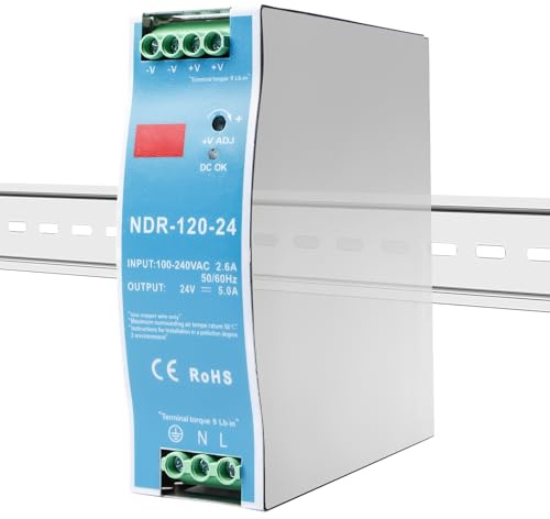NDR-120-24 - Fuente de alimentación (24 V, 120 W, transformador de 230 V a 24 V, fuente de alimentación DIN riel 24 V, 5 A) / Transformador para rieles DIN para montar directamente en riel DIN