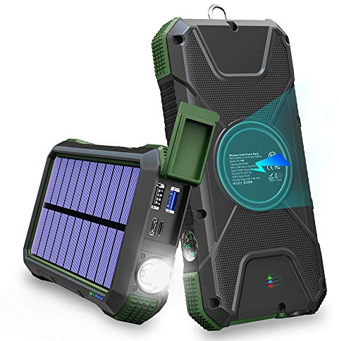 Power Bank, PowerBank Solare Wireless, Batteria Esterna da 20000 mAh, Ricarica Rapida 3.0 da 18 W e 10 W/7,5 W/5 W con 4 Uscite e Doppi Ingressi, IPX5 Impermeabile, Torcia Elettrica e Bussol