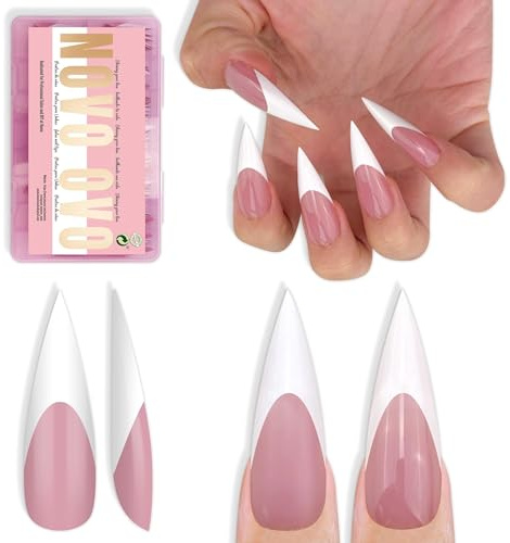 NOVO OVO Lot de 160 faux ongles blancs à bout français longs et pointus XL - Rose baie - Extra épais - Gel souple - Double mat - Couverture complète - Pour bricolage en acrylique - 16 tailles