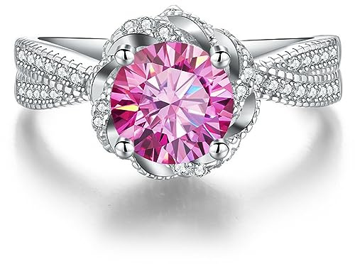 Diamantring, Moissanit vigselringar for kvinnor 1ct rund slipning D-färg VVS1 blå/lila/rosa diamantring(Pink,7)