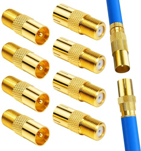Lot de 8 Adaptateurs Coaxiaux TV F Femelle à Mâle,Connecteurs Plaqués Or pour Câble SAT et Antenne,Connecteurs Coaxiaux pour Câble SAT, Prise Antenne TV,pour Raccords Antenne et Appareils Numériques