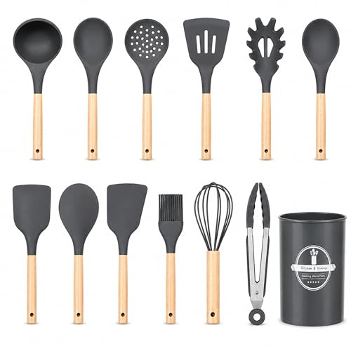 Silicone Kitchen Utensils Set with Holder, 12 Piece Wooden Handle Cooking Tools, Heat Resistant 230C Non Stick Spatula, Ladle, Whisk, Tongs and Pasta Server, Dishwasher Safe, Grey