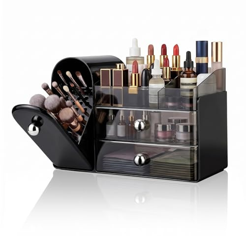 ERWEY Make Up Kosmetik Organizer mit Schubladen, Große Schminktisch Organizer Pinsel Aufbewahrung, Kosmetik Aufbewahrungsbox für Kommode Schminktisch Badezimmer (Schwarz)