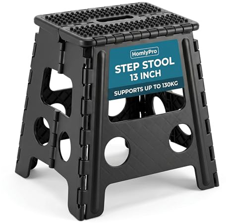 HomlyPro Folding Step Stool 13 Inch Heavy Duty 300 lbs Capacity Black, Portable Collapsible Stool with Carry Handle, Anti-Slip Surface for Adults & Kids, Kitchen Bathroom Camping