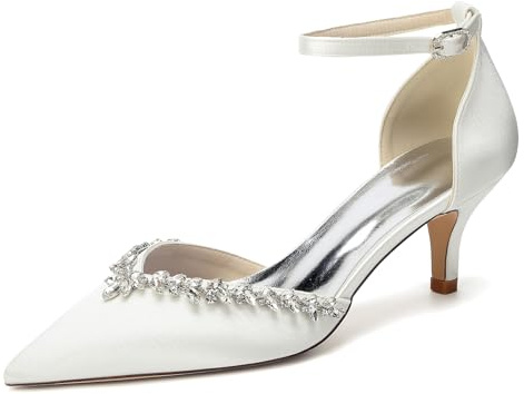 Genérico Zapatos de Novia Mujer Tacón 6 cm Salón Punta Fina Satinado con Strass y Correa Tobillo para Boda Elegante,Ivory White,38 EU