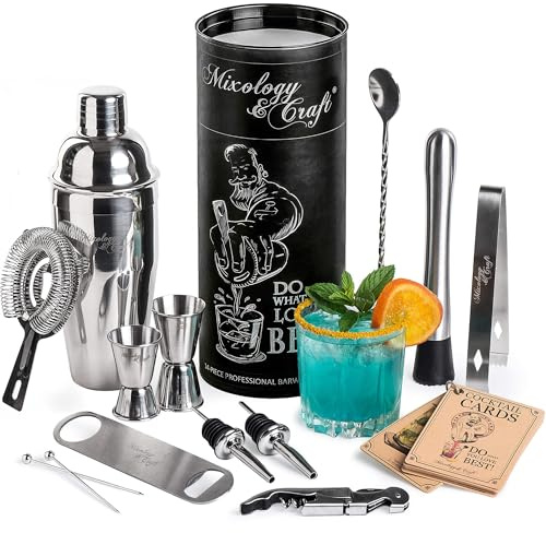 Mixology & Craft 16-Piece Stainless Steel Cocktail Shaker Set, 24 oz Cobbler Martini Shaker, Mixology Bartender Kit with Strainer, Travel Cocktail Kit in Gift-Ready Tube, Bartending Bar Kit Tools