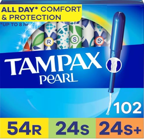 Tampax Pearl Tampons for Women Multipack, Regular/Super/Super Plus Absorbency, With Leakguard Braid, Unscented, 102 Count (3 Packs of 34)