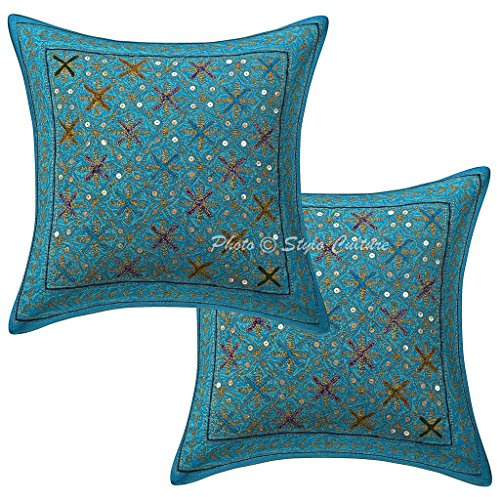 Stylo Culture Boho Fundas De Almohadones Decorativa 40x40 cm Algodón Floral Forros para Cojines Sofa Turquesa 16x16 Inch Lentejuelas Bordadas Cuadrado sobre Cojin para La Cama - 2 Pcs