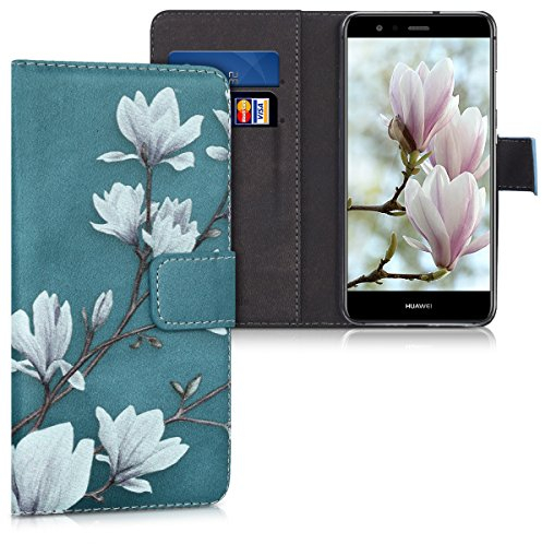 kwmobile Wallet Case kompatibel mit Huawei P10 Lite Hülle - Cover mit Ständer und Kartenfächern - Magnolien Taupe Weiß Blaugrau