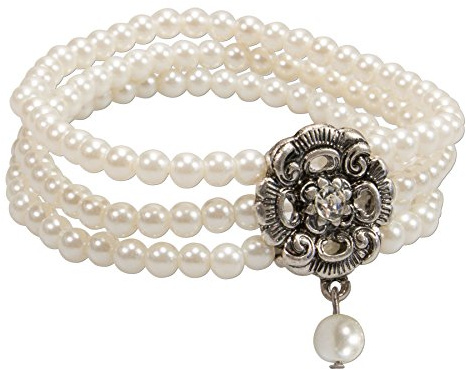 Alpenflüstern Perlen-Trachten-Armband Frederike - elastische mehrreihige Trachten-Armkette mit Strass-Mittelteil, eleganter Damen-Trachtenschmuck, Perlenarmband in schwarz und Creme-weiß DAB056