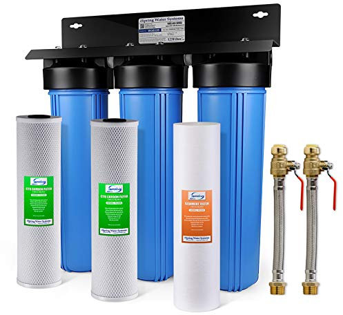 iSpring WGB32B+AHPF12MNPT16X2 3-Stage Whole House Water Filter System, Reduces Chlorine, Sediment Home Water Filtration System w/ 3/4'' Push-Fit Braided Stainless Steel Hose Connectors