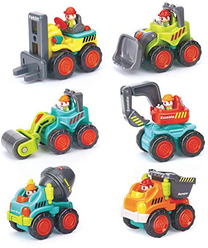 6 Pieces Construction Vehicles Toy Trucks Set - Bulldozer, Cement Mixer, Dumper, Forklift, Excavator and Road Roller for Your Little Contractor - Push and Go Sliding Toys for Toddlers 18m+