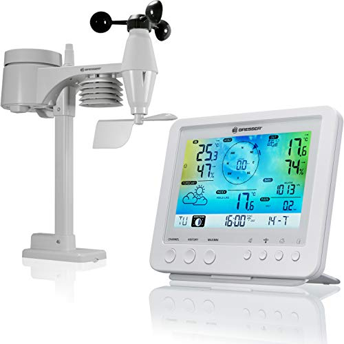 Bresser Wetterstation Funk mit Außensensor WLAN Wetter Center 5-in-1 mit 5,7 Zoll Farb-Display und Außensensor für Temperatur, Luftfeuchtigkeit, Wind, Luftdruck, Niederschlag (Regenmesser), Weiß