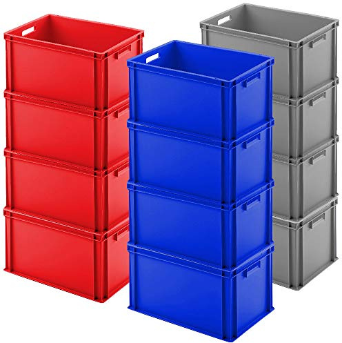 BRB 12x Euro-Stapelbehälter, LxBxH 600x400x320 mm, 4x blau, 4x rot, 4x grau, PP, lebensmittelecht