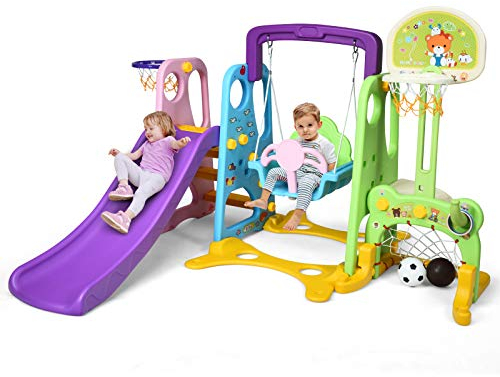 DREAMADE 6 in 1 Kinderrutsche mit Basketballkorb & Kinderschaukel & Fußballtor & Wurfspiel & Schreibplatte, Kinder Rutsche für Indoor & Outdoor Spielturm, Indoor Spielplatz für Kinder ab 3 Jahre