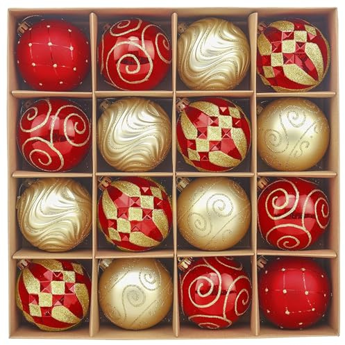 Valery Madelyn Kunststoff Christbaumkugeln 16 Stücke 8CM Baumschmuckkugeln Weihnachtskugeln mit Aufhänger für Weihnachtsdekoration Traditionelles Thema Rot Golden