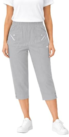 femiss Pantalones capri para mujer, elásticos, recortados, 3/4, suaves, de verano, tres cuartos, talla grande, gris, 38