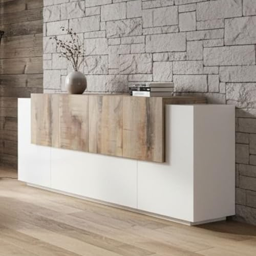 Dmora - Kommode Gennaro, Küchen-Sideboard mit 7 Türen, Wohnzimmer-Buffet, Küchen-Sideboard, 100 % Made in Italy, 200 x 45 x 86 cm, glänzendes Weiß und Ahorn