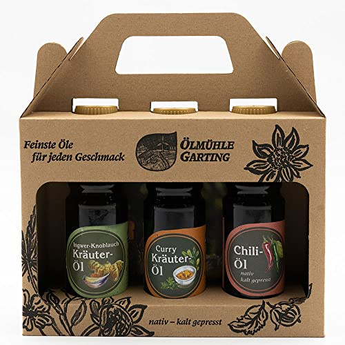 Öl Geschenkset Die Würzlinge der Ölmühle Garting (3 x 100ml), Ingwer-Knoblauch-Öl+Curry-Kräuteröl+Chili-Öl, naturbelassen, kaltgepresst, Rohstoffe aus der Region