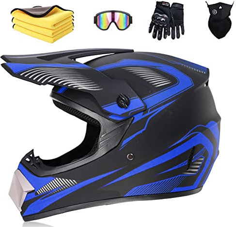 Ruiqieor Moto Motocross Casques Enfant Et Adulte Set AVT MX Casques Moto De Cross Enfants Quad Bike Vélo De Montagne Avec Gants Lunettes Masques (S(52-56cm),blue)
