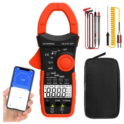 Digitales Strommesszange, TRMS 4000 Counts Zangenmessgerät AC/DC, GR-570T-APP Auto Range Tester Meter mit mobiler APP Misst AC/DC-Spannung und Strom/Widerstand/Kapazität/Temperatur/Durchgang/Dioden