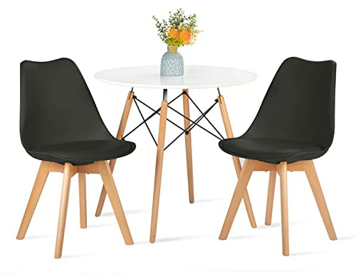 FURNITABLE Set aus Runder Esszimmertisch mit 2 Schwarzer Stühlen, Esszimmergruppe für Esszimmer Küche Wohnzimmer