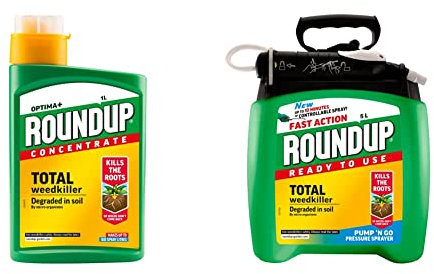 Roundup Optima+ Total Weedkiller, Concentrate, 1 Litre & Fast Action Weedkiller Pump 'N Go Ready To Use Spray, 5 Litre