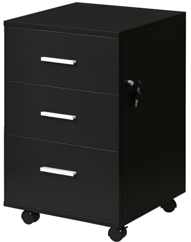 Vinsetto Kleiner Aktenschrank mit Schloss, 15,7x15,7x24,2, Schwarz | 3 Schubladen, mobiler vertikaler Aktenschrank, Rollen, Schreibtisch-Unterschrank