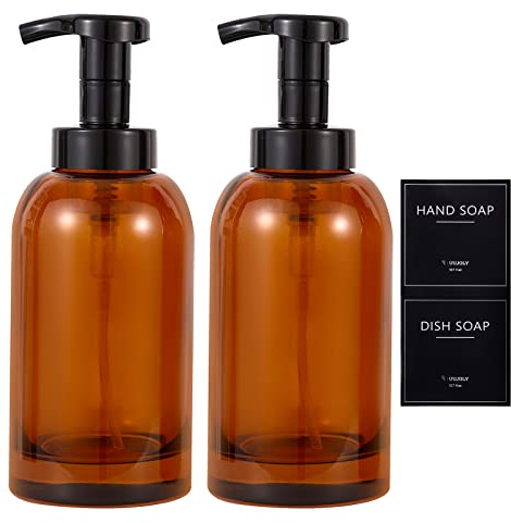 Foaming Hand Soap Dispenser Glass Jar Foam Dish Soap Dispenser for Bathroom and Kitchen Sink, Liquid Pump Bottle for Shampoo, Body Wash, Hand Soap, Amber, 2 Pack