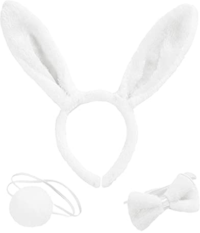 MIVAIUN 3 Piezas Conjunto de Disfraces de Animales Conjunto de Disfraces de Conejo Diadema de Orejas de Conejo Pajarita Cola de Conejo para Niños Adultos Halloween Pascua Fiesta (Blanco)